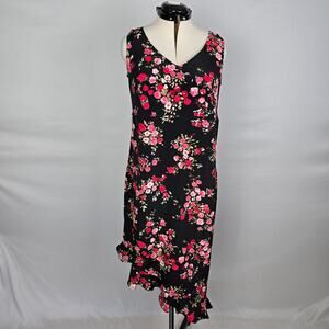 Venezia Dress Women's 14/16 Black Pink Floral Sleeveless High Low Ruffle V-Neck